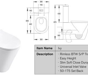 IVY - NEW - Rimless Btw Toilet - 850mm